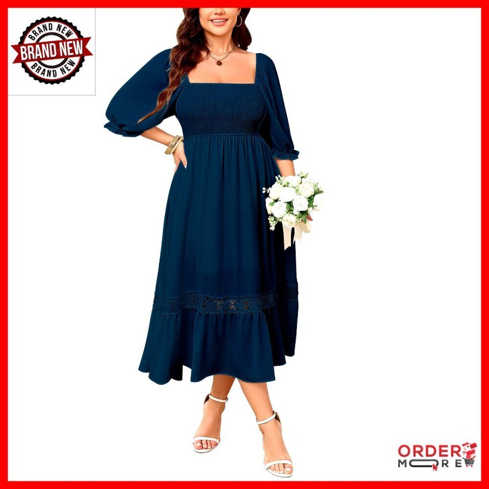 Plus Size Maxi Dress Short Sleeve Square Neck Smocked Flowy A-Line Boho Wedding